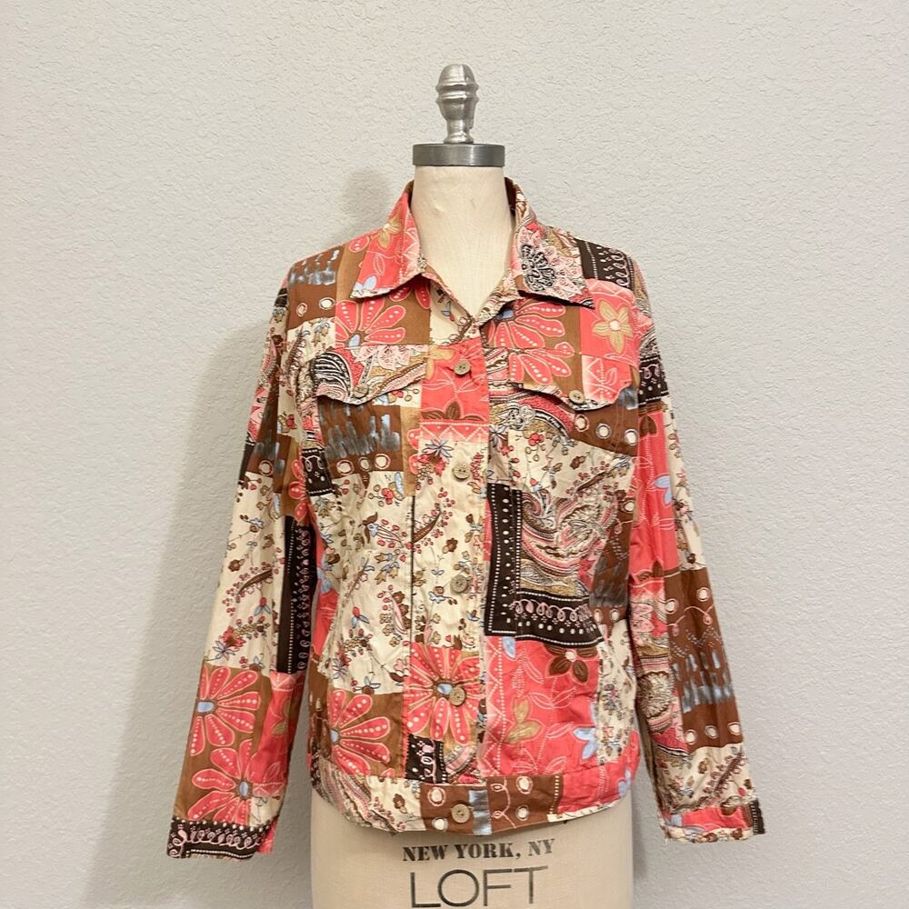 ANNE CARSON Jacket Floral Cotton Button Up Shacket Patchwork Boho